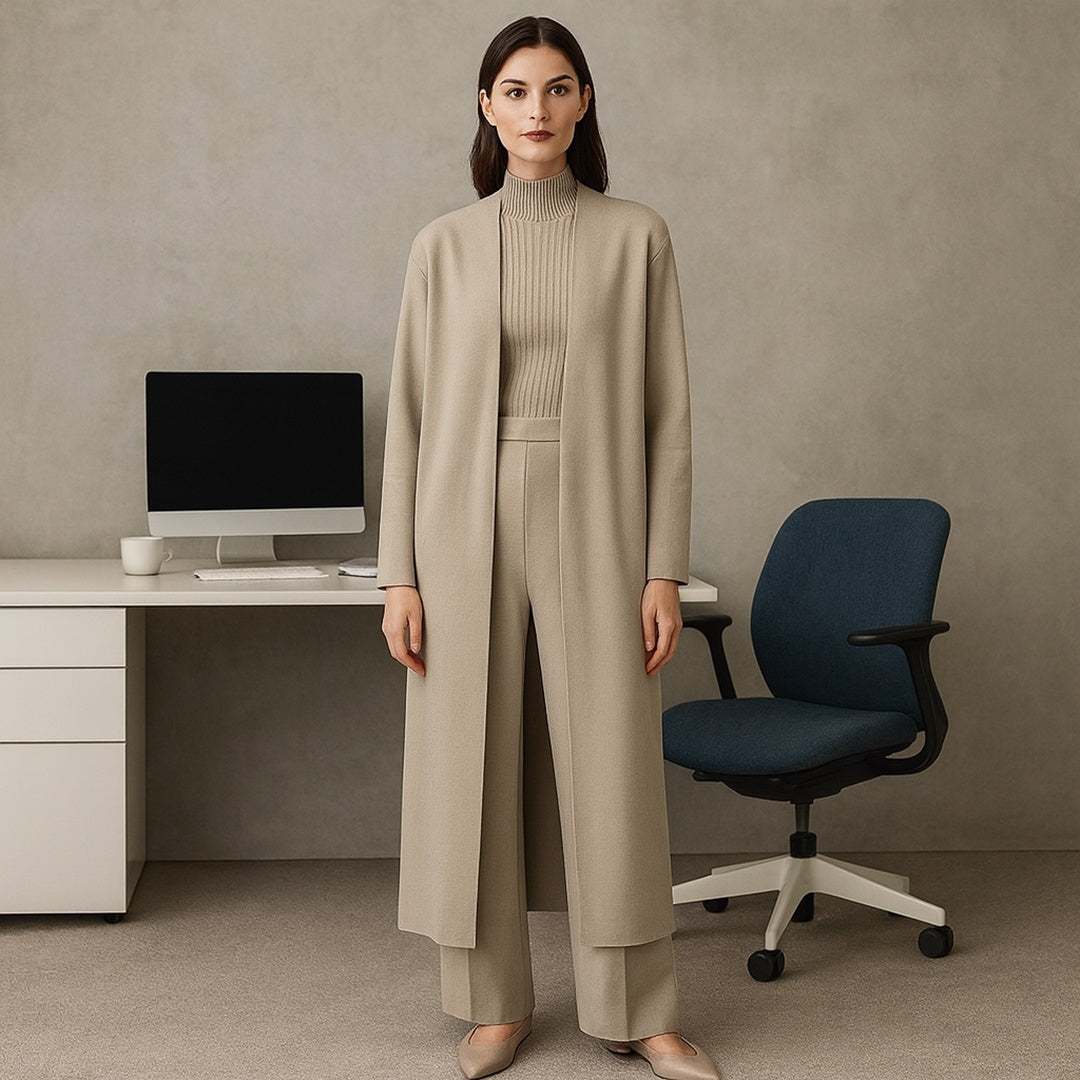 COMPLETO IN MAGLIA 3 PEZZI DONNA – CARDIGAN LUNGO, TOP A COSTE E PANTALONI MORBIDI