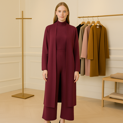 COMPLETO IN MAGLIA 3 PEZZI DONNA – CARDIGAN LUNGO, TOP A COSTE E PANTALONI MORBIDI