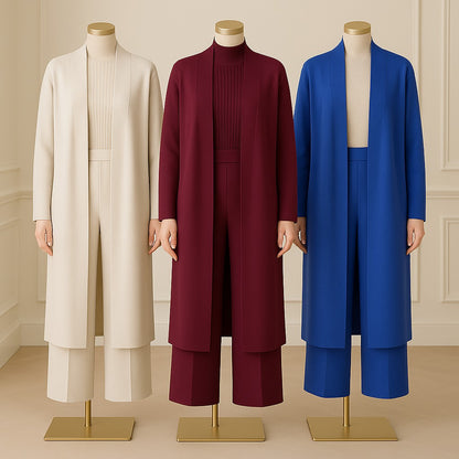 COMPLETO IN MAGLIA 3 PEZZI DONNA – CARDIGAN LUNGO, TOP A COSTE E PANTALONI MORBIDI