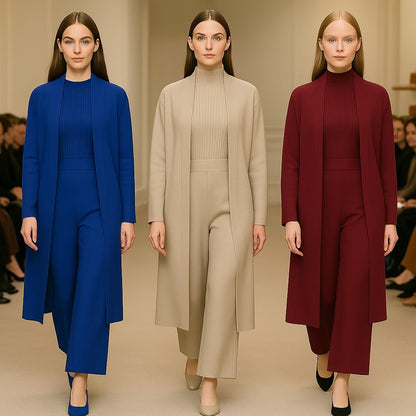 COMPLETO IN MAGLIA 3 PEZZI DONNA – CARDIGAN LUNGO, TOP A COSTE E PANTALONI MORBIDI